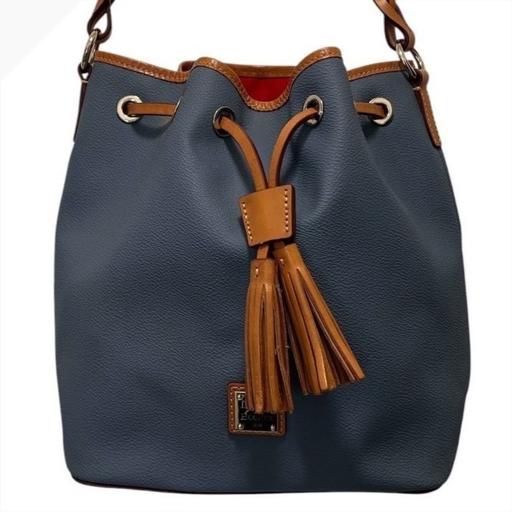 Dooney & Bourke Slate Blue Pebbled Leather Drawstring Bucket Bag Tassel Tan Trim